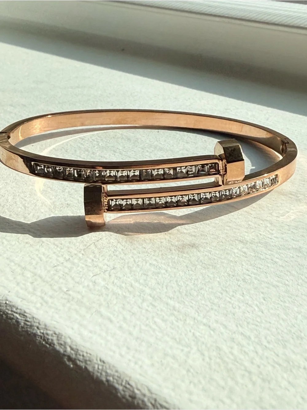 Rose Gold Plated Crystal Accent Open Bangle Bracelet size 7